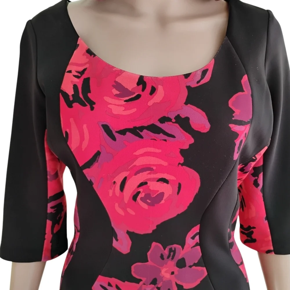 Signature By Sangria Floral Black and Pink Scuba Dress Size 8 - Picture 5 of 13